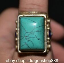 1.4" Rare China Old Silver Inlaid Turquoise BLUE Gem Flower Ring