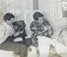 Two Young Men Sewing & Darning Socks on a Bed w/ Beautiful Pillows Vintage Photo