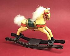 WOODEN ROCKING HORSE LATE 19TH NATURAL MANE RED AND GREEN HARNESS