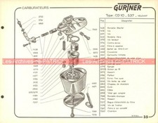 Fiche Carburateur GURTNER Type CD10-537 VELOVAP GA10-620 VAP 630 Export 1963
