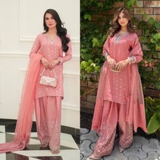 Bollywood Style Peach Chinon Silk Salwar Kameez With Dupatta For Women