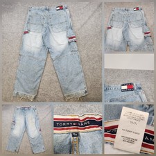 VTG 90s Y2K Tommy Hilfiger Jeans Mens 38x32 Blue Carpenter Denim Distressed Fade