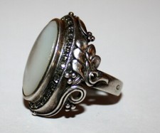 Grosse BAGUE ART DECO ANCIENNE ARGENT massif marcassite nacre T:54