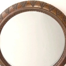 Miroir Cadre Rond Art Déco ancien circa 1930 Ornements en Bois sculpté Soleil