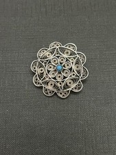 Ancienne Broche En Argent Massif Avec Pierre Bleu