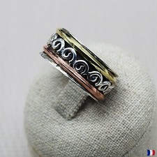 Bague argent 925 massif mixte – Anneau décor cuivre et laiton – Bijou artisanal