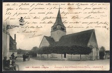 Old postcard Plancy, the church with passers-by and wrought iron floor lamp 1904 
