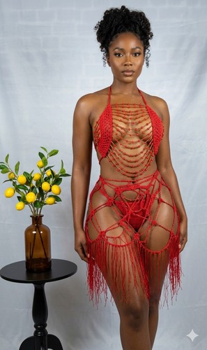 Red beaded crochet - red,