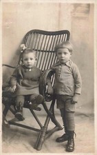 Old postcard photo card duo of young children