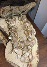Vintage Brass tone Quartz Stone Biwi Keishi Pearl Six Strands necklace 190g