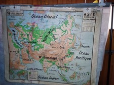 CARTE SCOLAIRE COLIN VIDAL LABLACHE N°14 ASIE PHYSIQUE + PLANISPHERE CIRCA 1940