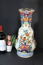 Vintage XL holland delft polychrome floral bird vase signed 