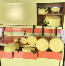 ANTIQUE TOY - DINETTE - COOKWARE - ALUMINUM YELLOW ENAMEL
