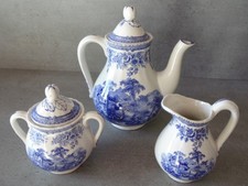 Cafetière, sucrier, pot à lait en faience KG Luneville décor tradition bleu