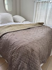 76x55 Men's brown striped silk quilt boutis Antique masculine farmhouse shabby 