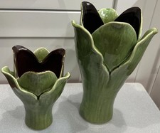 Rare Lot Of 2 Large & Mid Green Tobacco Cabbage Leaf Vessel Jardiniere Vase EUC