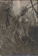 OLD PHOTOGRAPH MILITARIA SOLDIER AND HIS LITTLE DOG IN FRONT OF HIS TENT