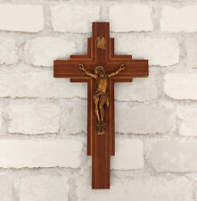 Antique Wooden & Gilded Metal Crucifix Carved Cross Wall Vintage France