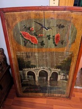 Chinese Linhai 20th Century Painted Wood Panel with Bird and Bridge Design