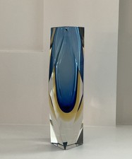 MURANO SOMMERSO VASE Diamond Shape, 8” Yellow Blue