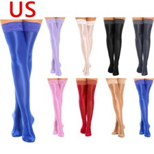 Women Oil Glossy Nylon Socks Lace Thigh High Stockings Hold Up Solid Hosiery