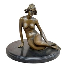 Sculpture statue femme nue assise en bronze véritable sur socle marbre Margre...