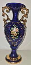 Vase décoratif vintage italy , cobalt bleu et dorée design fleur avec anse