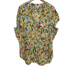 Anthropologie Danielle Kroll Button Up Top XL Yellow Artsy Cotton Colorful
