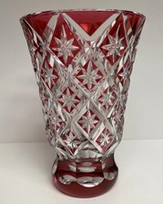 Vintage St Louis Cut Crystal Vase Cristal De France Rare Red Clear Stars 10”