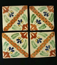 LOT 4 CARREAUX TERRE CUITE EMAILLEE FAIT A LA MAIN STYLE AZULEJOS ESPAGNOLS