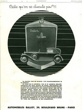 Publicité ancienne automobiles Ballot 1929 issue de magazine