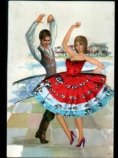 GERONA (ESPAGNE) Couple , DANSEUSE FLAMENCO avec robe brodée tissu illustrée