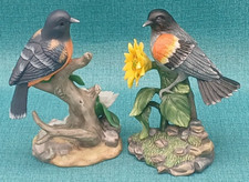 2 Fine Porcelain Birds by BD INC ~ Blackbird & Oriole ~ 5" Figurines w/Flowers