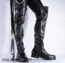 Mens Zipper Black Motorcycle Shoes Punk Combat Over the knee Thigh Boots
