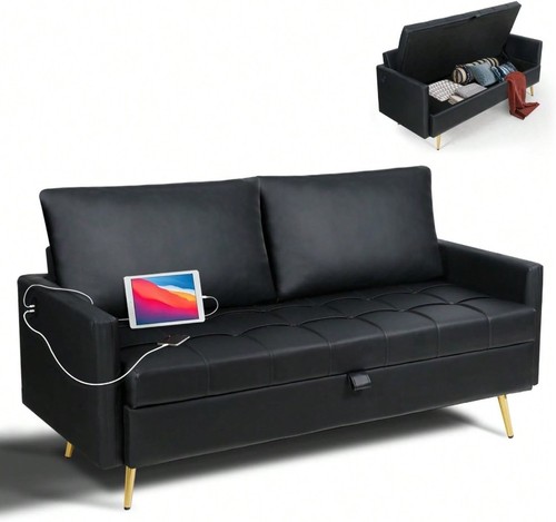 Black leather couch with - couch,