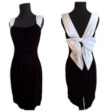 Vtg 80-90’s Nuit Rouge Black Velour Party Dress Satin Bow Rhinestone Trim Sz 8