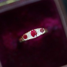 9k gold diamond and ruby ring five stone band Victorian style vintage