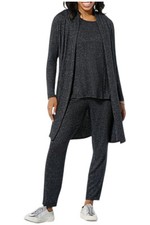 Nina Leonard Women's 3-piece Cardigan Tank & Pant Set Black Multi