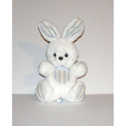 Doudou lapin blanc rayé - blanc, bleu
