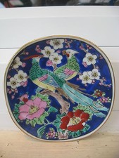 ASSIETTE PLAQUE MURALE CARREE PORCELAINE ASIATIQUE OISEAUX DU PARADIS 10,5 cm 