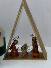 Vintage 5" Wooden Nativity Creche Manger Stable Mary Joseph Jesus Set 1960's