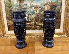 Art Africain Paire Vases Bois Ébène Signé Année 1940 Hauteur 33 Cm