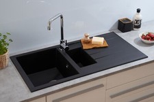 Evier de Cuisine Évier Encastré Granit Mineralite 100x50 Noir respekta Houston