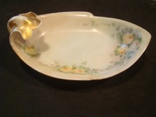 R S Germany Porcelain Nut/Candy Dish w/ Handle Yellow Roses-Gold Trimmed