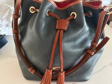 Dooney & Bourke Pebble Grain drawstring Leather Satchel Blue Brown Trim 14"x11"