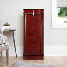 Jewelry Armoire Organizer FreeStanding Wood Storage Box Chest Mirrored Cherry
