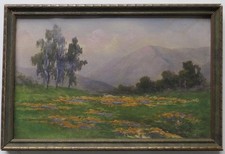 Antique California Plein Air Landscape Oil Poppies and Eucalyptus
