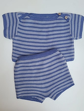 Oeuf Baby Boy Cotton Knit Sweater & Short Set Blue Stripe Size 6 12M (03047B)