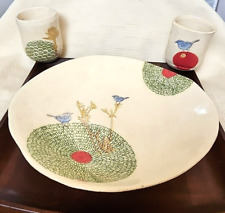 Sharon Bartmann Ceramics Art Pottery Bowl & Two Cups, Flower, Blue Birds, Berry