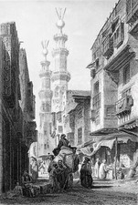 EGYPT - A Cairo Street: Camels, Merchants and Moucharabieh - 19th Century Engraving